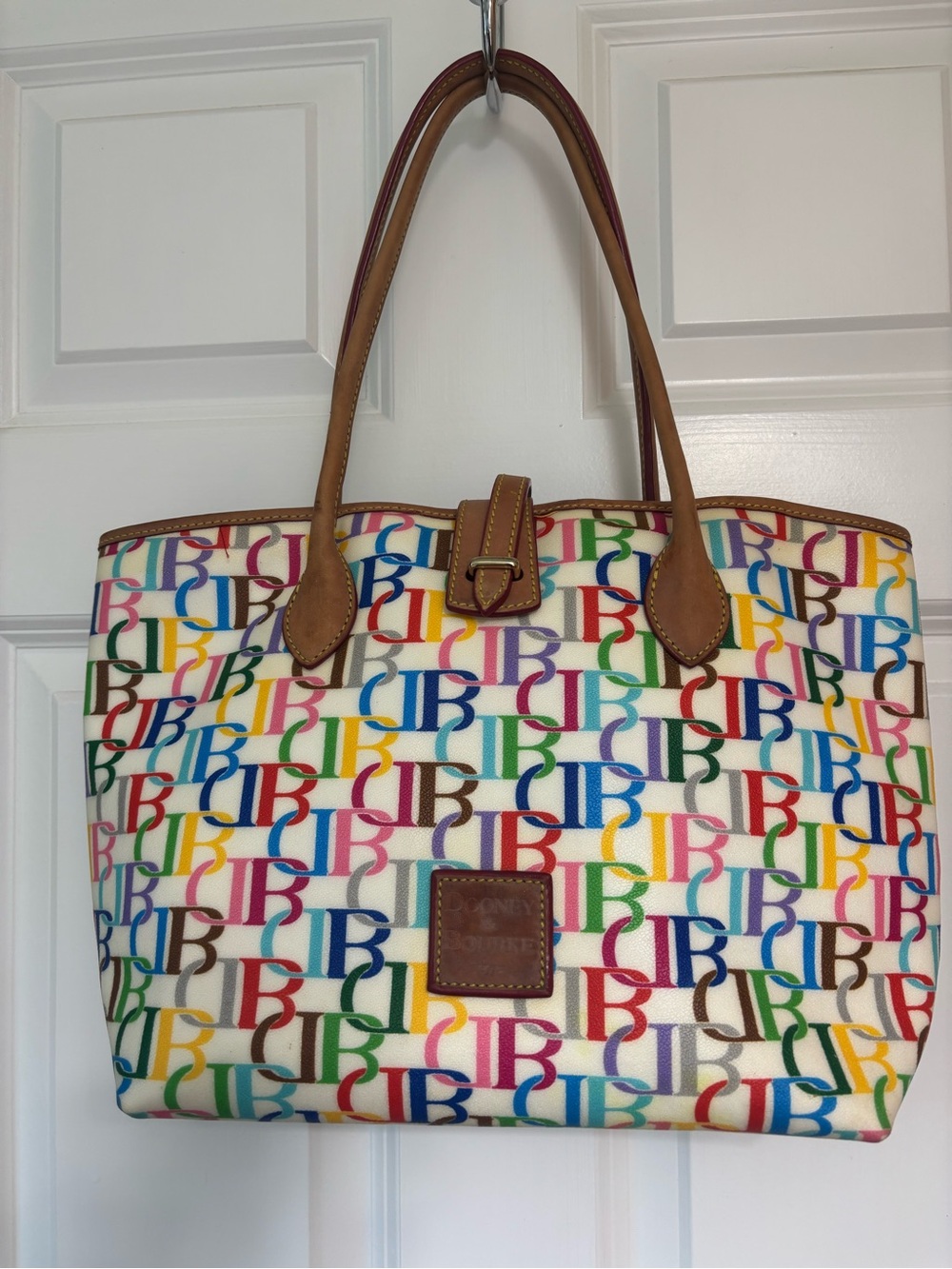Dooney & Bourke Multicolor Signature Logo Tote with Tan Leather Handles